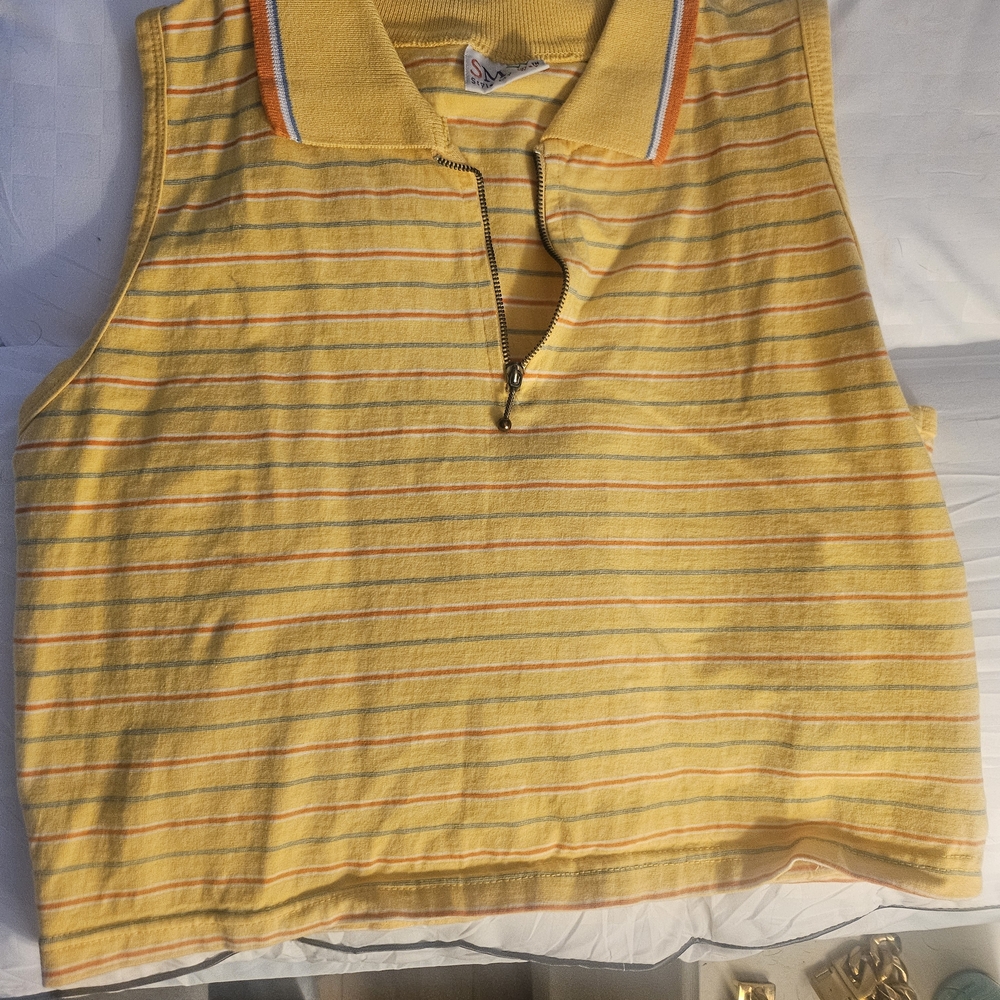 Yellow Striped Sleeveless Polo with Zip Collar